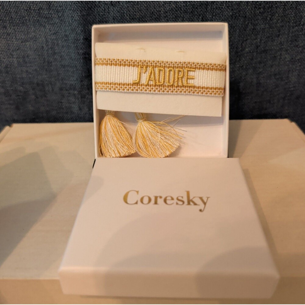 Coresky J'Adore Embroidered Woven Tassel Bracelet Gold Boho NIB